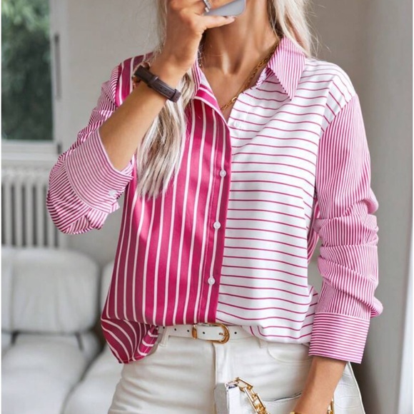 Classic Top Blouse Button Down Shirt Yellow White - Picture 7 of 10